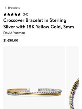 D&Y Two-Tone Cable Crossover Bracelet in Silver and Yellow Gold